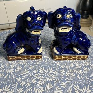 Vintage Blue Ceramic Foo Dog Statues